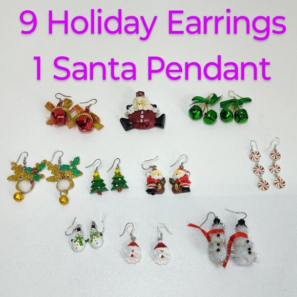 Holiday Earrings & A Santa Claus Pendant Set Red & Green Vintage Jingle Bells - Picture 1 of 13